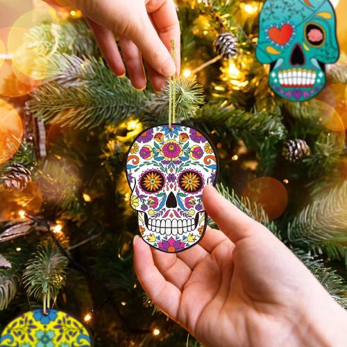 36 Pcs Sugar Skull Christmas Ornaments Wooden Day of The Dead Hanging Ornaments for Christmas Tree Xmas Dia De Muertos Cinco De Mayo Holiday Decoration