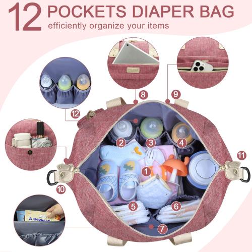 Diaper Tote, Baby Bags with Pacifier Case, Shoulder Straps, Stroller Clips, Waterproof Mommy Bag - Medium, Pink