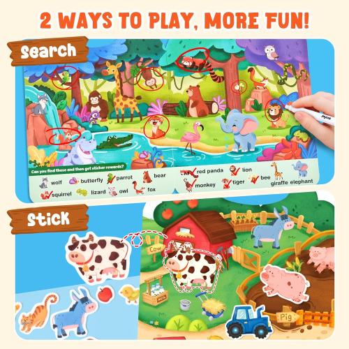 JoyCat Reusable Sticker Book Set (4-Pack), Kids Sticker Activity Books, 120  Jelly Stickers for Toddlers, Travel Toys for Car Airplane Road Trips, Preschool Educational Learning Gifts for Boys Girls