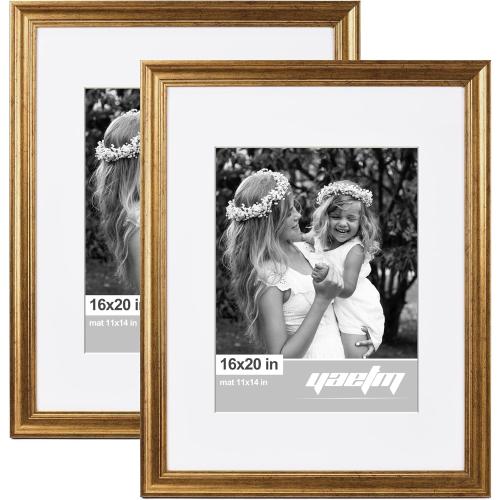Yaetm 16x20 Picture Frame Matted to 11x14 Set of 2, 1.4” Wide Molding & Rustic Gold Poster Frames 16 x 20 for Wall Gallery, Home and Office, Wall Mount (2 pack, Gold)