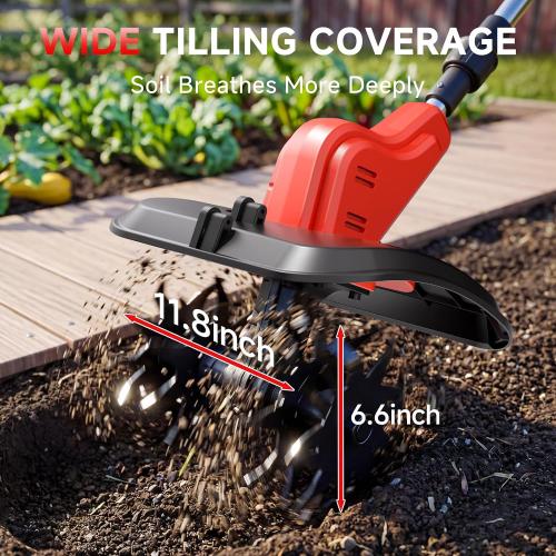 21V Cordless Tiller for Gardening, 120Mins Runtime Rototiller, 11.8 Width 6.6 Depth Garden Tiller, 360RPM Electric Cultivator for Lawn/Soil/Cultivation/Garden