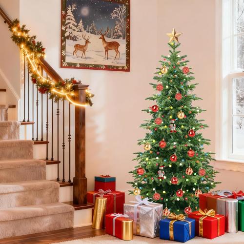 Prelit Christmas Tree 6ft, Artificial Christmas Tree with Lights, 210 Multicolor Lights and Foldable Metal Stand, ETL,PE & PVC Mixed Layered Aspen Fir Green Xmas Tree for Holiday Home Decororation