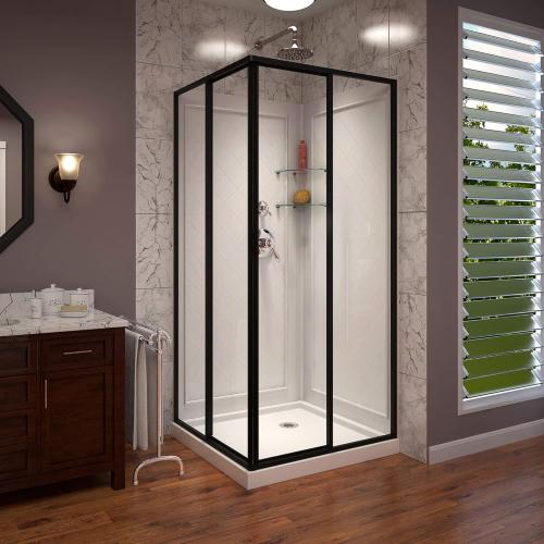 Size 36x 76 3/4 inch Color Black DreamLine Cornerview 36 inch D x 36 inch W x 76 3/4 inch H Framed Sliding Shower Enclosure in Matte Black, Shower Base, and Wall Kit in White