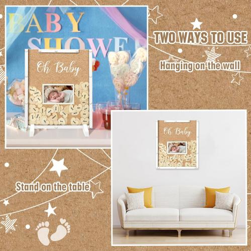Thyle 65 Pcs Baby Shower Guest Book Alternative He or She Gender Reveal Baby Shower Favors Baby Shower Sign in Guest Book with 60 Wooden Hearts Baby Shower Picture Frame Birthday Decor(Kraft)