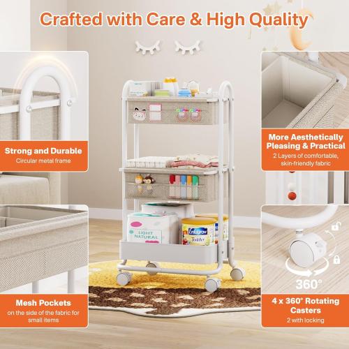 Baby Diaper Caddy Organizer Cart - 3 Tier Rolling Storage Cart with Wheels, Baby Essentials Nursery Storage, Detachable Dividers - for Crib, Bedroom, Art & Craft Organizer (Off White)