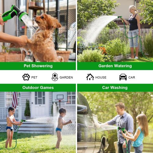 Green and Black Garden Hose Non-Expandable Water Hose with 10 Function Nozzles, Portable, Kink-Free, Outdoor and Garden Flexible Hose Pipe for Car Wash, Yard, Camper, Lawn, Lightweight Long Hose