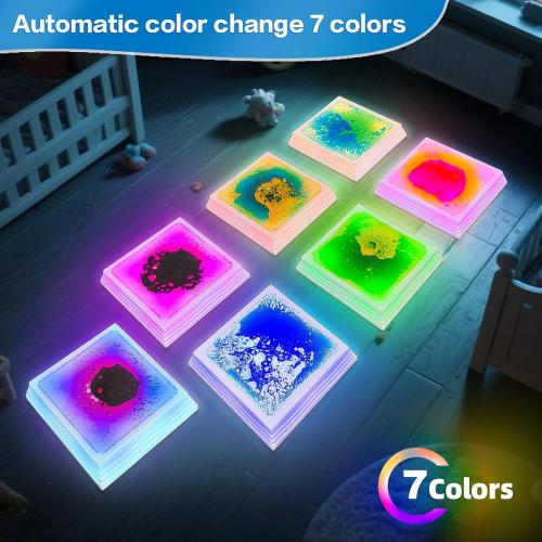 Light Up Sensory Floor Tiles for Kids - 12x12 Inch Liquid Play Mat with 7 Colors Led Lights, Non-Slip Puzzle Play Mat for Home and Classroom, Autism Sensory Toys for Toddlers Ages 3-7 (Pack of 6)