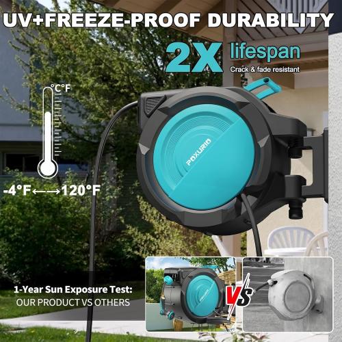 1/2 160FT Retractable Garden Hose Reel - POXURIO Heavy Duty Automatic Wall Mounted Hose Reel Upgraded UV Resistant, 3/4 Brass Fitting, 10 Pattern Nozzle, 180° Swivel&Any Length Lock Slow Retraction
