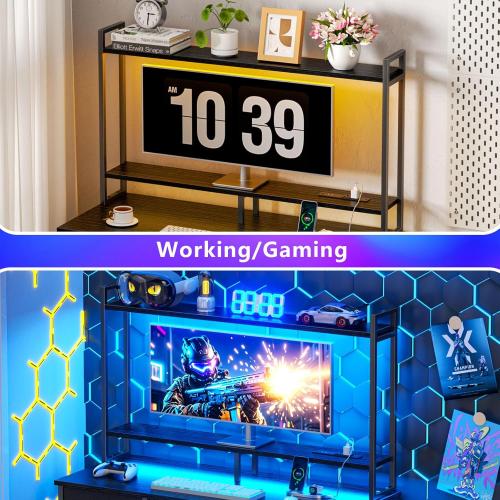 Computer Gaming Desk with Hutch, Home Office Desk with Power Outlets, LED Light, 5 Storage Drawers, 2 Tiers Shelves for Display, 39 Inch Modern Study Writing Table for Bedroom, Black