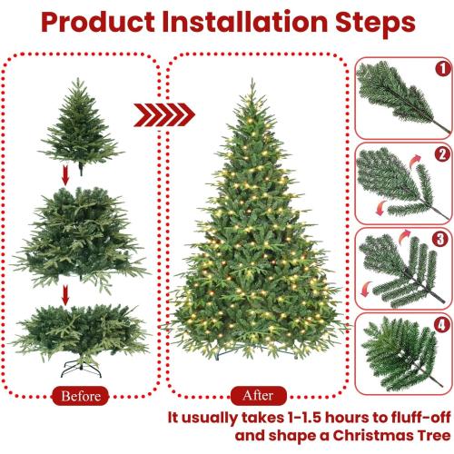 6.5ft Prelit Artificial Christmas Tree with 2368 PE PVC Tips, Premium Pre-Lit Holiday Xmas Tree with 300 UL Incandescent Lights, Metal Hinges & Foldable Base for Home Office Party, Green