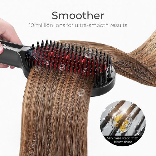 TYMO Hair Straightener Brush - Upgraded Ionic Plus Straightening Brush with Dense Bristles, 16 Temps, Dual Voltage | Ceramic Hot Comb for Women | Flat Iron for Thick Curly Hair, Black