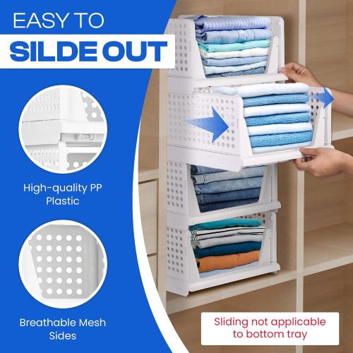 Stackable Plastic Storage Baskets–Set of of 4, Wardrobe & Closet Organizer – Durable Stacking Bins for Clothes, Pantry, or Shelf – Foldable & Space-Saving with 2 Label Sheets-White