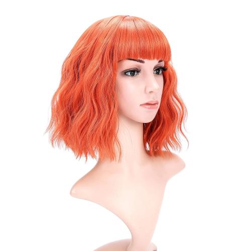Orange 12 VCKOVCKO Short Bob Wigs Pastel Wavy Wig With Air Bangs Women's Shoulder Length Wigs Curly Wavy Synthetic Cosplay Wig Pastel Bob Wig for Girl Colorful Costume Wigs(12, Orange)