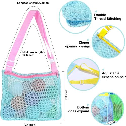 UTTPLL Colorful Mesh Beach Bag Adjustable Kids Quick Dry Net Tote for Seashell Collecting Sand Toy Swimming Accessories