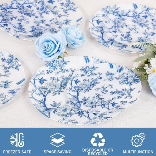 EI 60pcs Blue Plastic Plates Disposable Heavy Duty,Blue and White Floral Disposable Plates,10.25 Dinner & 7.5 Dessert Plate,Natural Fresh and Elegant Decorations for Birthdays/Tea Party/Wedding