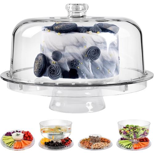 Acrylic Cake Stand with Dome Lid, 12.2 Inch 6-in-1 Clear Cake Plate Carrier with Handle, Crystal Display Holder with Cover for Birthday Parties, Weddings, Cupcakes, Fruit Platter & Home Baking Gift