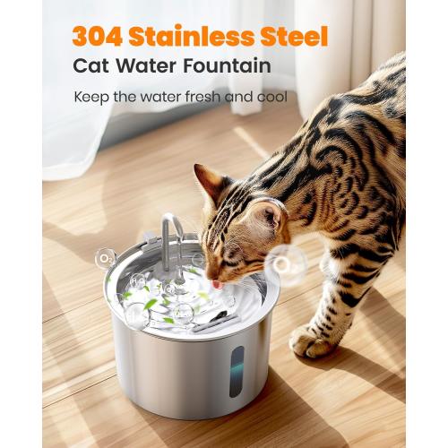 oneisall Stainless Steel Cat Water Fountain, 2L Water Fountains for Cats Indoor with Quiet Pump and 3 Replacement Filters, Pet Water Fountain Faucet Spout Design Cat Fountain Drinking Inside, PWF 001