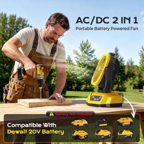 Battery Operated Fan for Dewalt 20V Max battery, Camping Fan with USB A/C & LED Lights, 4 Speeds & Remote Control, Portable/Cordless/Battery Powered fan, for Outside, Jobsite (Battery Not Included)