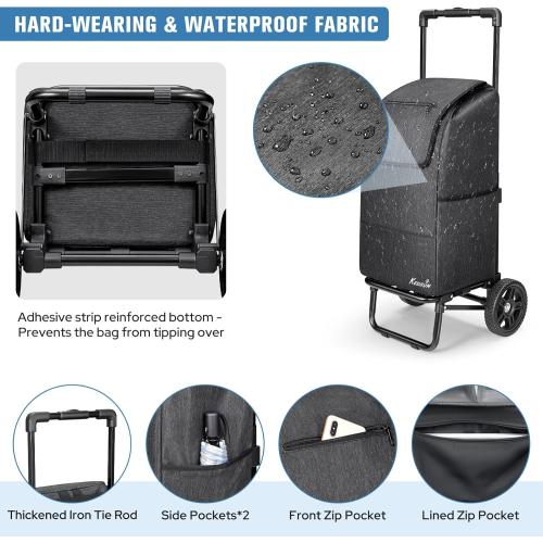 KEDSUM 2 in 1 Shopping Cart for Groceries, 330 lbs Grocery Cart on Wheels, Foldable Utility Carts with Wheels, Load-Bearing Hand Truck with Black Waterproof Bag for Shopping, Camping, Laundry, Garden