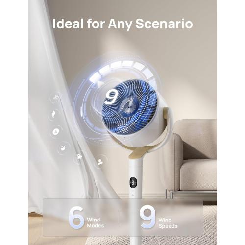 DREO Smart Fan for Bedroom, 120°  120° Omni-Directional Oscillating Fans, 100ft Quiet Pedestal Fan with RGB Light, 9 Speeds, 6 Modes, 20dB, 8H Timer, Wi-Fi/Voice/Alexa, 35-40 Floor Fans with Remote