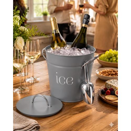 3 Qt Gray Galvanized Ice Bucket with Lid, Scoop and Handles, Insulated | Double-layer insulated ice bucket with galvanized inner layer for wine, champagne, cocktails, parties, BBQs and outdoor use.