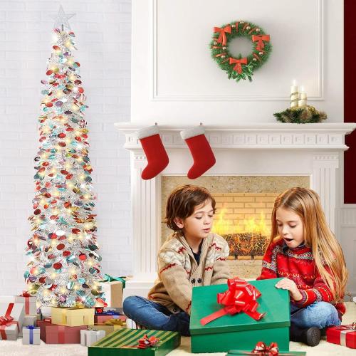 HMASYO 6 FT Pop Up Christmas Tree with 100 LED Lights & Remote, Silver Christmas Tinsel Tree, Collapsible Artificial Pencil Tree for Home Office Party Decor, USB Powered Timer Lights, Easy Assembly