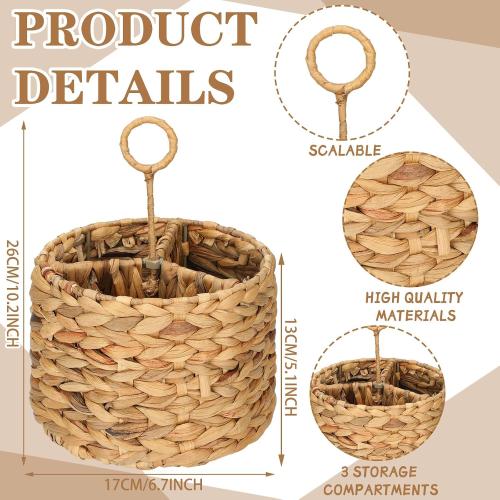 Glenmal Wicker Flatware Storage Basket Utensil Caddy Hand Woven Divided Cutlery Holder Kitchen Utensil Organizer Water Hyacinth Silverware Organizer with Handle for Countertop Party (Round)