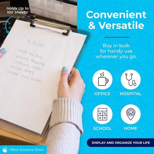 Plastic Clipboards (Set of 7) Transparent Clipboard (Clear) Strong 12.5 x 9 Inch | Holds 100 Sheets! Acrylic Clipboards with Low Profile Clip | Bulk Back to School Supplies for Teachers