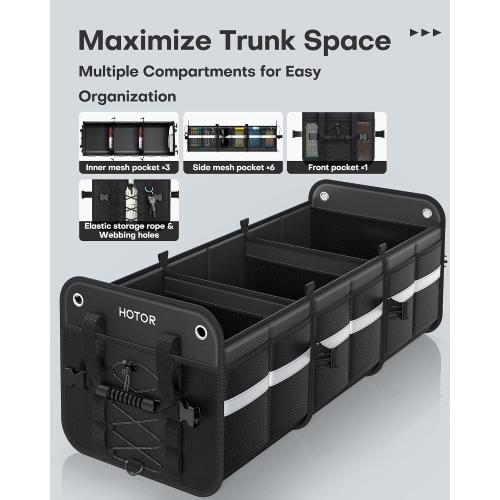 HOTOR Trunk Organizer for SUV – Car Storage Box with Reflective Strips, Collapsible Car Organizer with Large Capacity, Essential Car Accessories for Truck, Van & Sedan, Black, 33.1 x 13.0 x 12.0