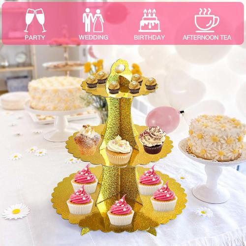 Soleebee 3-Tier Cupcake Stand, Cardboard Cupcake Tower, Dessert Cup Cake Stand Tower for Birthday Wedding Party Decoration, Cupcake Tier Stand 2 Set (Glitter Gold)