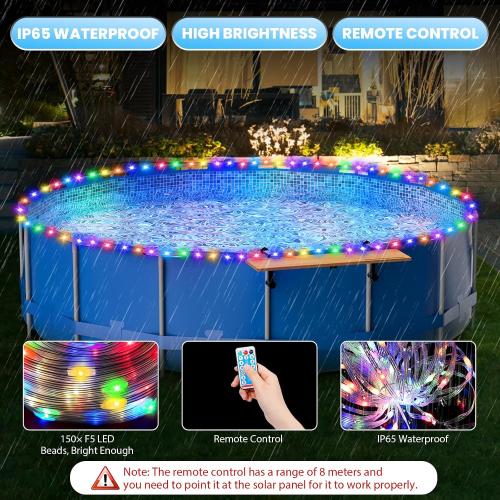 Sumapner 55ft Solar Pool Lights for Above Ground Pools, 150 LEDs Remote IP65 Waterproof Rope Lights, 8 Color Modes, Swimming Frame Pool Decor Accessories for Outdoor Outside Trampoline Camping