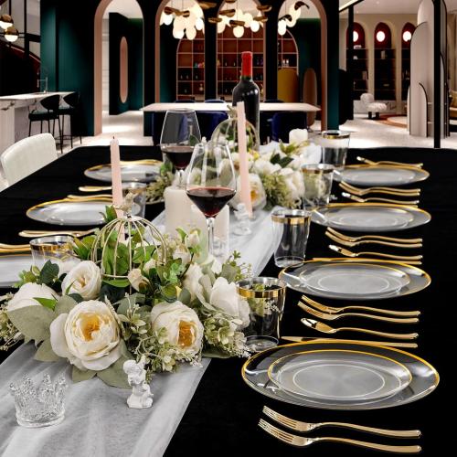 LIYH 120 Pcs Clear Gold Plastic Plates for Holiday Plastic Plates Disposable Elegant Disposable Plate Included Dinner & Dessert Plate for Wedding Holiday Valentines Day
