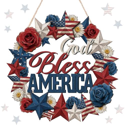 Yalikop 4th of July Wreaths Patriotic Decorations Wreaths for Front Door Wood Blue Red White God Bless America Sign Door Hanger Memorial Day Wreath Independence Day Porch Home Wall Decor