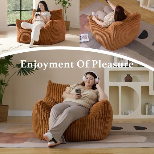Size Giant Color Brown Plush Bean Bag Chair for Adults with Armrests - Oversized Comfy Orange Beanbag Lounge Lazy Floor Sofa Accent Chair for Living Room, Bedroom & Dorm, Cozy Fluffy Single Cloud Mini Couch