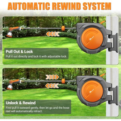 1/2 x 160 ft Retractable Hose Reel, Heavy Duty Retractable Garden Hose Reel Wall Mounted with 10-Pattern Hose Nozzle/Any Length Lock/Slow Return System/180°Swivel Bracket,Orange