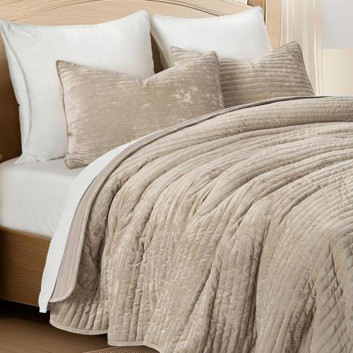 EVERGRACE Velvet Quilt Set King Size, Luxurious Soft Striped Channel Bedding Set, Lightweight Velvet Comforter for All Season, Oversized Bedspread Coverlet with 2 Matching Shams, Beige Taupe