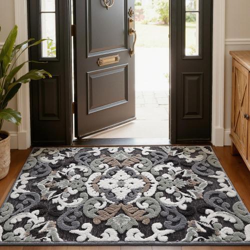 LUMI Indoor Door Mat for Entrance 26x46, Luxury Front Doormat with Non-Slip Latex Rubber Backing, Soft Washable Dirt Trapper, Flower Bliss (Rolled Package)