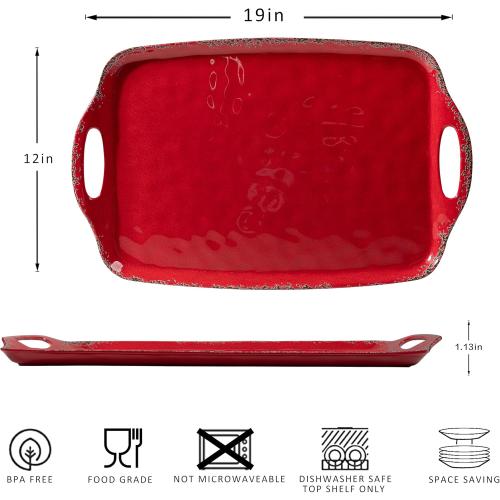 Set of 2 Color Red Christmas Large Melamine Serving Tray with Handle, Crackled Rustic Rectangle Melamine Serving Platter for Serving Food, Coffee Table Tray, Entertaining & Party Use, Set of 2, Christmas Red