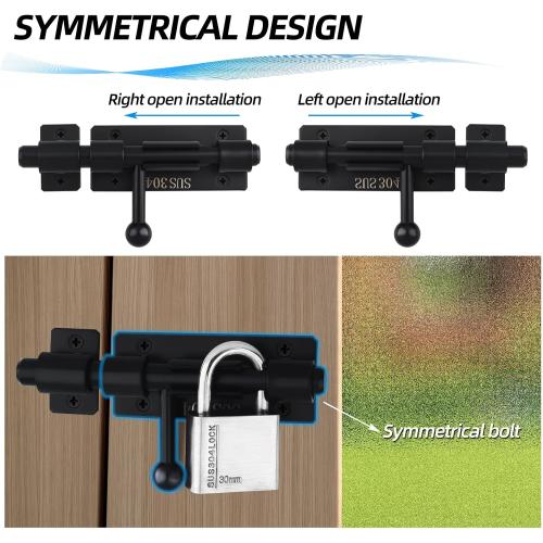 Barrel Bolt Latch, 4.2 Inch Slide Lock, SUS304 Stainless Steel Slide Bolt Latch with Padlock Hole, Heavy Duty Slide Bolt Gate Latch Lock for Wooden Fence, Yard Door, Barn Door, Shed Door (Black)