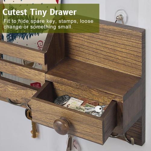 Key Holder Wall Mount, Wooden Adhesive Mail and Key Organizer with Drawer, Small Shelf, 8 Hooks, 2 Installation Methods, Brown