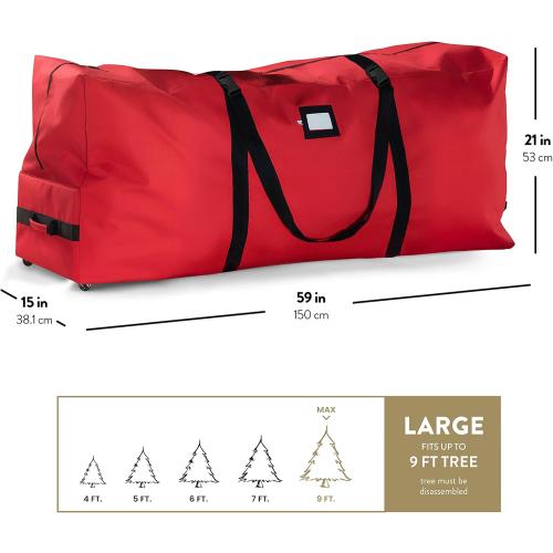 ZOBER 600D Oxford Fabric Large Rolling Christmas Tree Storage Bag - Fits 9 Ft Artificial Trees - Waterproof Christmas Tree Bag For Storage Box For Xmas, Durable Handles and Wheels - Card Slot - Red