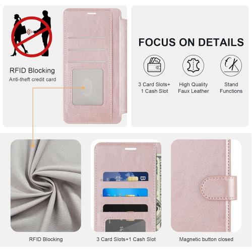 VANAVAGY Compatible for iPhone 16 Pro Max Wallet Case, PU Leather Flip Cover with Wrist Strap RFID Blocking Card Holder for Wireless Charging, [Screen Protector & Camera Cover],Rose Gold