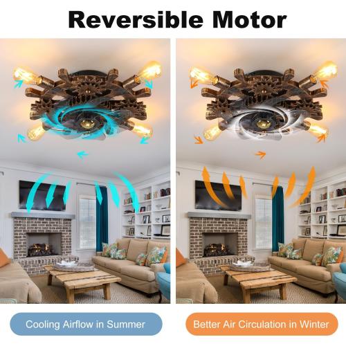 18.9 Vintage Industrial Small Ceiling Fans with Lights and Remote,Wooden Rudder Low Profile Fandelier Ceiling Fan with Light,Flush Mount Bladeless Ceiling Fan for Kitchen,Bedroom,Cafe Bar