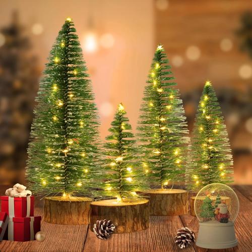 4 PCS Mini Christmas Trees, 4 Sizes Artificial Christmas Trees with 2 Modes LED String Lights Timer, Bottle Brush Trees Battery Powered Tabletop Tree Decoration (Warm White)