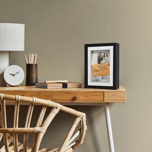 Americanflat 8x10 Shadow Box Frame with Shatter-Resistant Glass - Use as 6x8 Frame with Mat or 8x10 Without Mat - Silhouette Collection - Black with Soft Felt Back