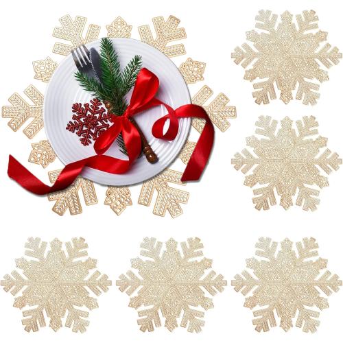 Snowflake Placemats Set of 6,Rouhuhura 15 inch Christmas Placemats Decorations Snowflake Tablemats Hollow Out Design Round Vinyl Place Mats Dining Table Setting Kitchen Table Mats for Christmas(Gold)
