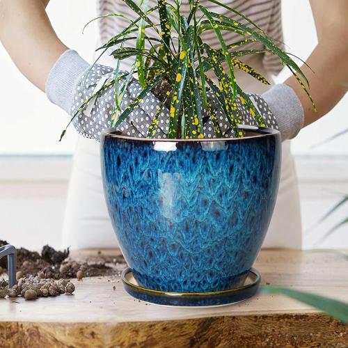 10 Inch Ceramic Planter Pot Round Plant Pot for Indoor Plants Outdoor Large Flower Pot with Drainage Hole and Saucer Blue