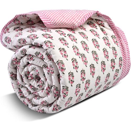 Ridhi Block Print Reversible Cozy Quilt Punch Pink Twin 60 X 90 Lightweight Blanket for Sofa, Couch, Bed Soft Breathable Comforter Handmade Bedspread Duvet for Farmhouse, Home, Winter