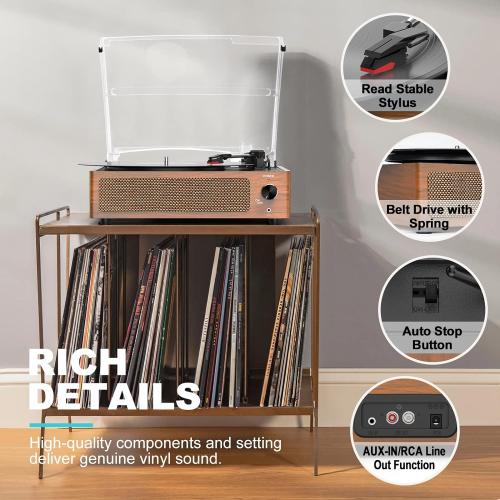 Vinyl Record Player with Speakers Vintage Turntable for Vinyls Records Belt-Driven Turntables 3-Speed Bluetooth Playback Headphone AUX RCA Line LP Vinyls Players for Sound Enjoyment Retro Brown