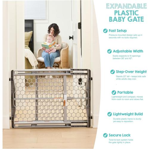 Regalo Safety 28-42 Extra Wide Expandable Baby Gate for Doorways & Bottom of Stairs, Pressure Mounted Safety Gate for Babies, Toddlers & Pets, Tested & Safe for 30 Years, American Designed and Owned